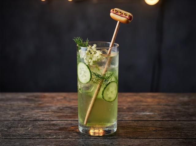Neon Relish cocktail — vodka, cucumber, elderflower, dill, soda