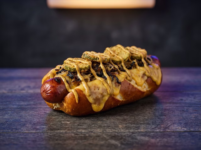 The Hole Dog — smoked sausage, beer cheese, charred kraut, fried pickles, spicy mustard, pretzel bun