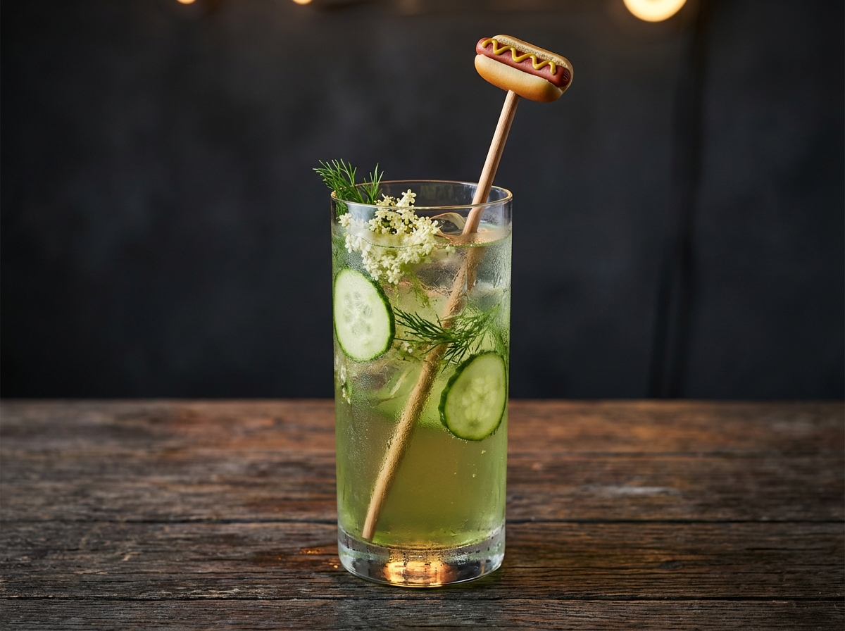 Neon Relish cocktail — vodka, cucumber, elderflower, dill, soda
