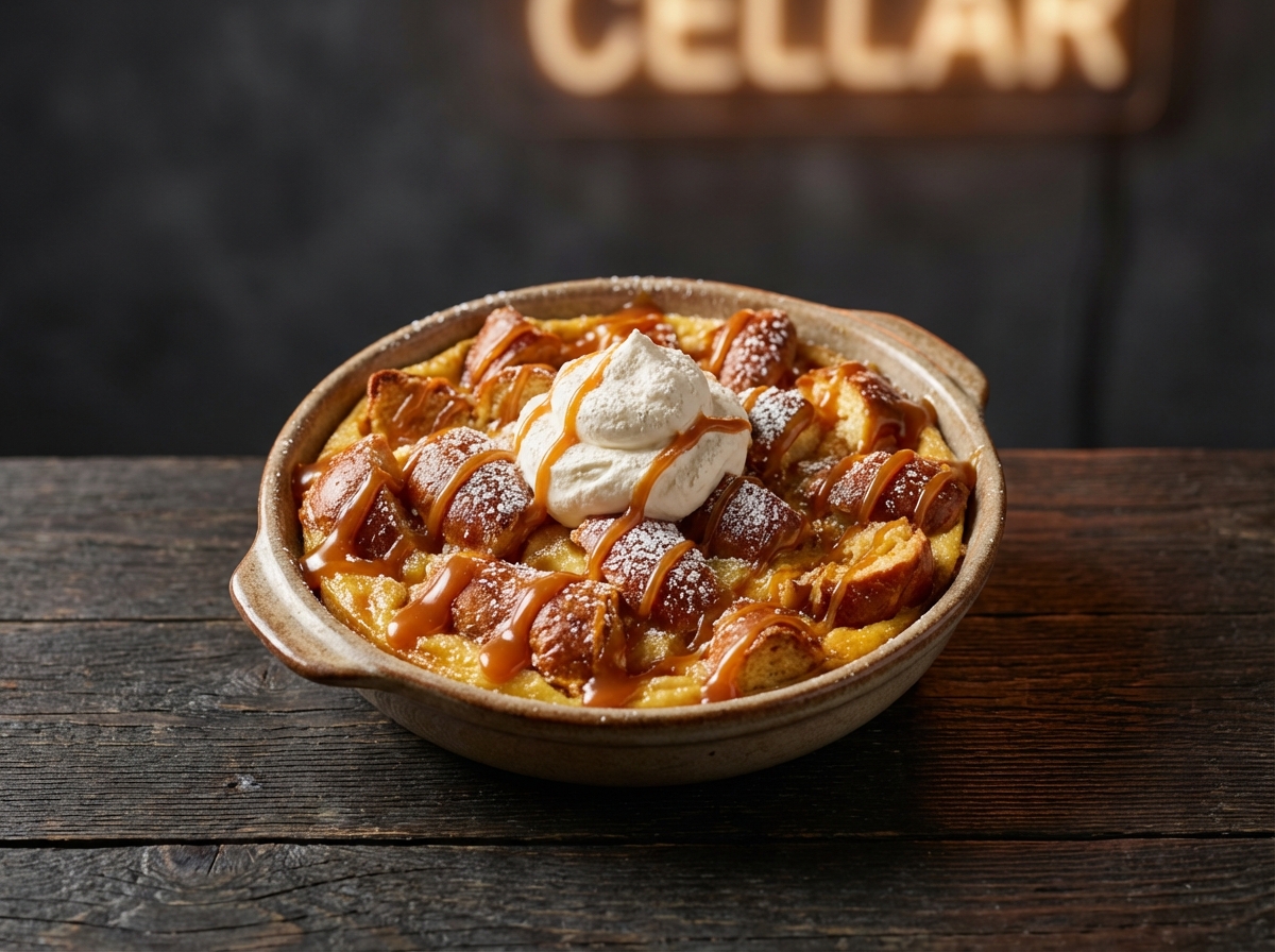 Pretzel Bread Pudding — warm caramel, whipped cream