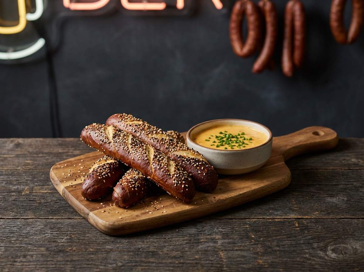 Pretzel Planks with everything spice and queso-beer dip